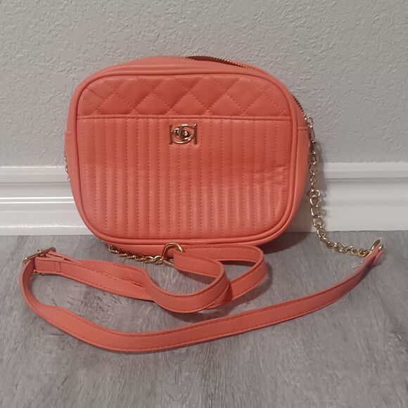 bebe Handbags - BEBE Faux Leather Hazel Multi Quilt Camera Crossbody in Coral
